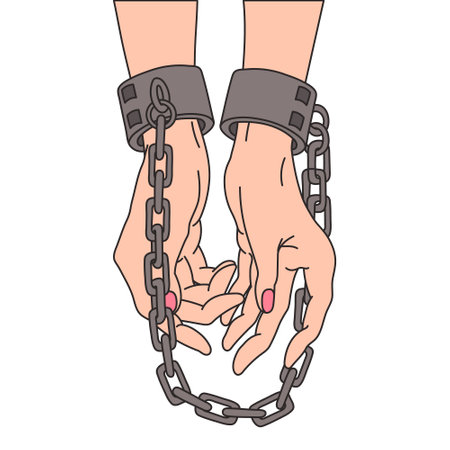 Women's hands in a chain. The concept of national slavery and human trafficking. Illustration,...