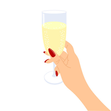 A glass of champagne in a woman's hand. festive illustration, vectorのイラスト素材