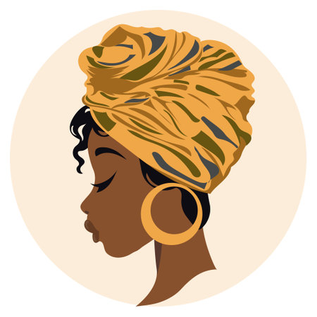 Portrait of a beautiful African woman in a national headdress in profile. illustration, vectorのイラスト素材