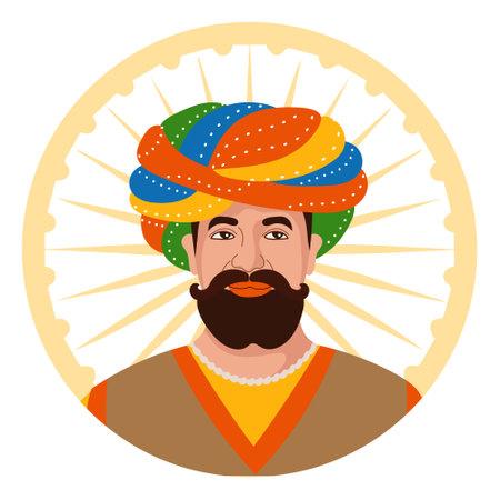 Colorful portrait of an Indian in a turban against the background of the symbol of India. illustration, poster, vectorのイラスト素材