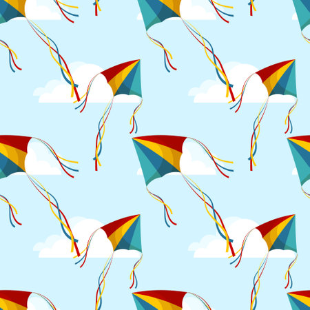 Seamless pattern, colorful kites on the sky with clouds. background, print, vectorのイラスト素材