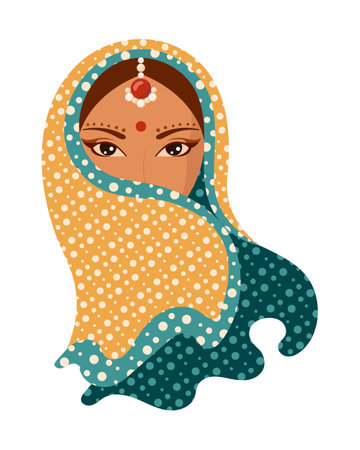 Portrait of a young Indian woman in a national headdress. illustration, vectorのイラスト素材