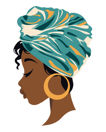 Portrait of a beautiful African woman in a traditional national turban. illustration, vectorのイラスト素材