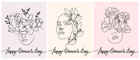 Set of posters for International Women's Day, portraits of women with flowers. Line art, black outline with pastel colors. Wall art, postcardsのイラスト素材