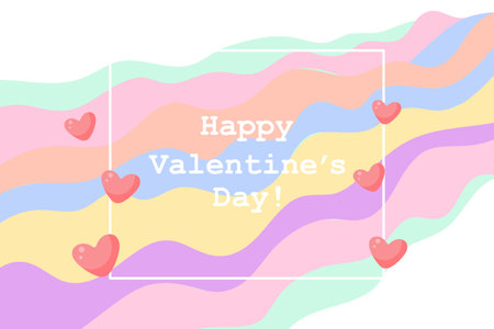 Festive background for Valentine's Day, a frame with text and hearts on a light rainbow. illustration, background, vectorのイラスト素材