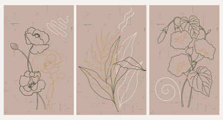 Set of postcards. Line art of flowers on vintage texture, beige colors. Templates, posters, vectorのイラスト素材