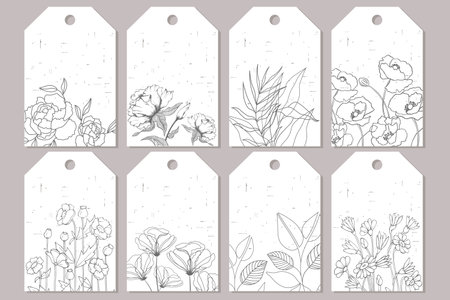 Set of stickers, posters, greeting cards depicting wild flowers and plants with vintage texture. vectorのイラスト素材