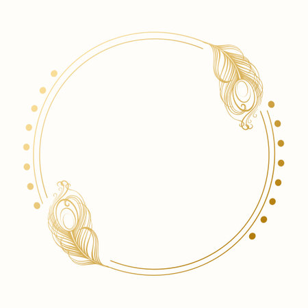 Golden luxury frame with peacock feathers for invitation. template, vectorのイラスト素材