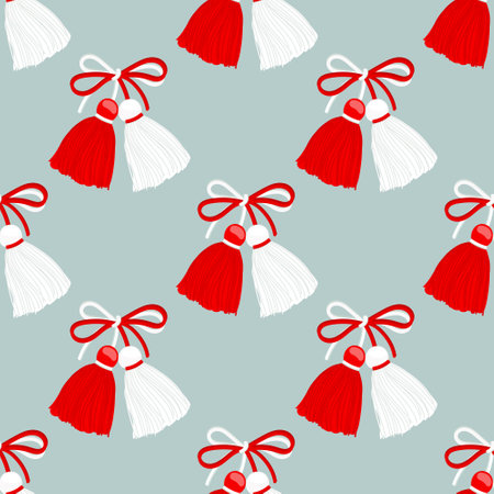 Seamless pattern, Martisor, red and white symbol of spring. Traditional spring holiday in Romania and Moldova. March 1. Background, vector.のイラスト素材