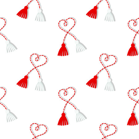 Seamless pattern, Martisor, red and white symbol of spring. Traditional spring holiday in Romania and Moldova. March 1. Background, vector.のイラスト素材