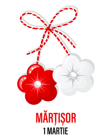 Martisor, red and white symbol of spring. Traditional spring holiday in Romania and Moldova. March 1. Holiday card, banner, vector.のイラスト素材