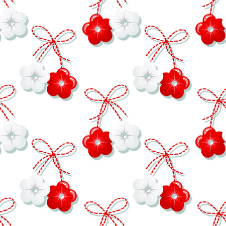 Seamless pattern, Martisor, red and white symbol of spring. Traditional spring holiday in Romania and Moldova. March 1. Background, vector.のイラスト素材