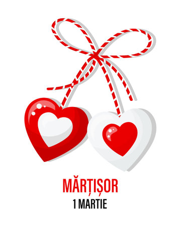 Martisor, red and white symbol of spring. Traditional spring holiday in Romania and Moldova. March 1. Holiday card, banner, vector.のイラスト素材
