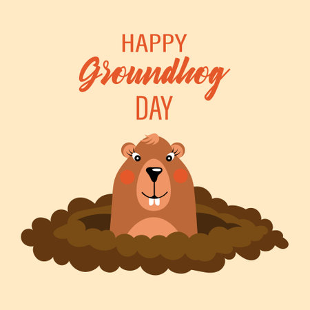 Happy groundhog day, funny groundhog character crawls out of the ground. Congratulation banner, postcard, poster, vectorのイラスト素材