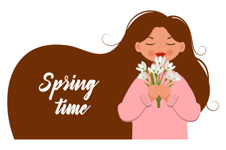 Cute girl with a bouquet of snowdrops, spring illustration in a flat style. postcard, banner, vectorのイラスト素材