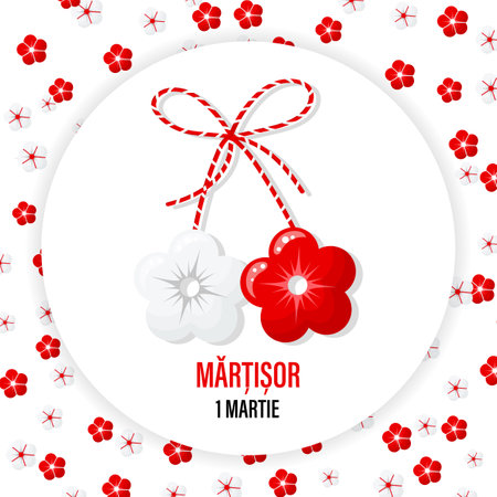 Martisor, a red and white symbol of spring on the background of flowers. Traditional spring holiday in Romania and Moldova. Holiday card, banner, vector.のイラスト素材