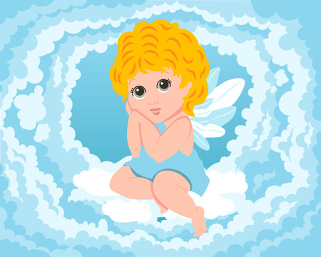 A cute cupid angel with wings sits on a cloud in the sky. Illustration for wedding, valentine, vectorのイラスト素材