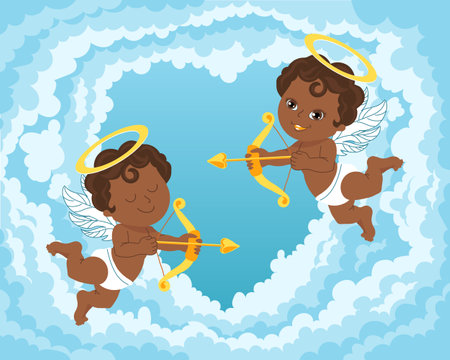 Cute cupid angels with bows and arrows in the clouds in the sky. Illustration for wedding, valentine, vectorのイラスト素材