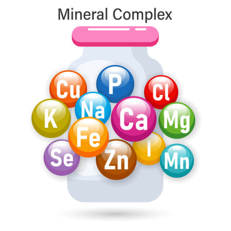 Mineral complex of healthy nutrition. Illustration of mineral icons in a medicinal vial. The concept of medicine and healthcare. vectorのイラスト素材