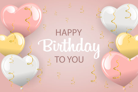 Holiday banner Happy birthday, pink and yellow heart balloons and golden serpentines with text. Postcard, poster, 3d illustration, vectorのイラスト素材