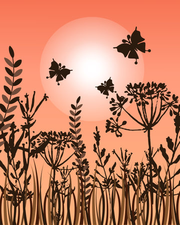 Spring landscape, meadow grasses, flowers, butterflies at evening sunset. illustration, poster, vectorのイラスト素材