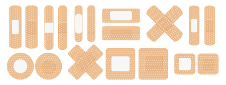A set of medical bandages of various shapes. Different forms of adhesive plaster for first aid....