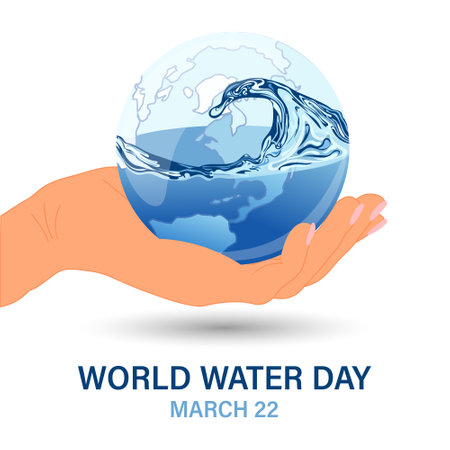 World Water Day, 3d planet with water splash in human hand. Ecological concept. Banner, poster, postcard, vectorのイラスト素材