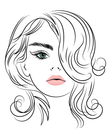 Line art, contour drawing of a beautiful woman with long hair. Beauty soon. Fashion and beauty concept. vectorのイラスト素材