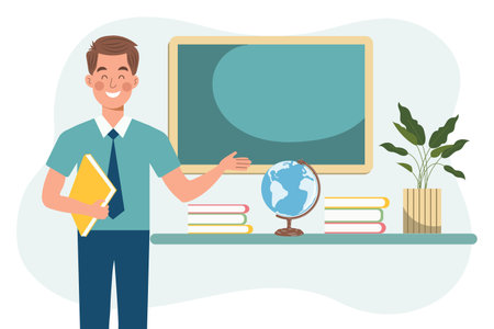 Male teacher in the classroom. The concept of school and learning, teacher's day. Vector, illustration in flat cartoon styleのイラスト素材