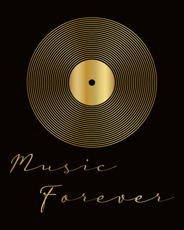 Golden vinyl record and text Music forever on a dark background. Musical poster, banner, logo, symbol, vectorのイラスト素材