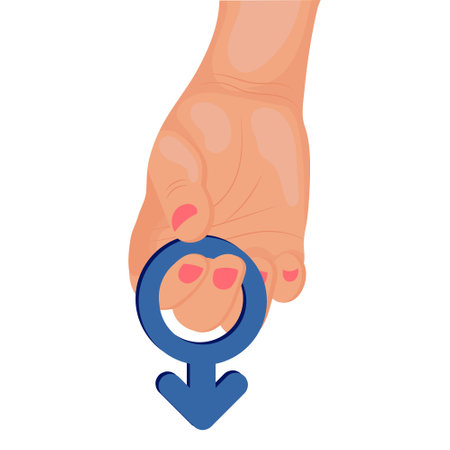 <p>A hand holds a blue male symbol. Gender sign of masculinity in hand. illustration, vector</p>のイラスト素材