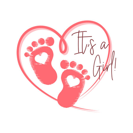 <p>Pink heart with baby footprints and the inscription it's a girl. Newborn baby icon, symbol, print, postcard, vector</p>のイラスト素材