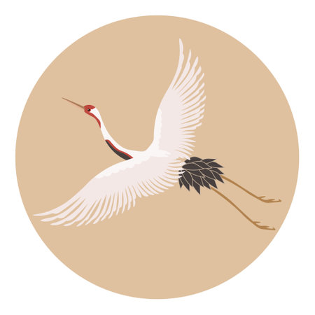White flying crane, stork in the circle of the sun. poster, postcard, vectorのイラスト素材