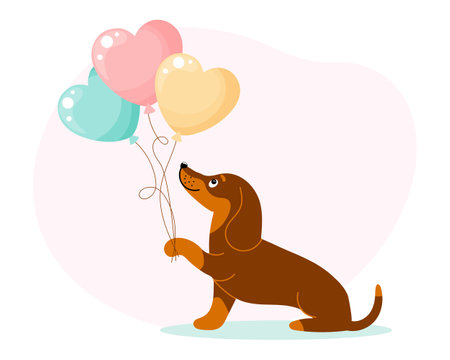 Cute dog dachshund character with heart shaped balloons. Birthday card. cartoon style, vectorのイラスト素材