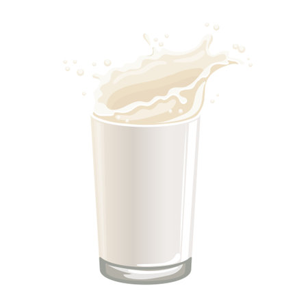 Glass with milk and milk splash on a white background. Healthy drink icon, illustration, vectorのイラスト素材