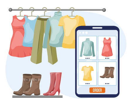 Online shopping concept. Clothes on hangers and a tablet with a screen of a clothing store. Illustration, icon, vector.のイラスト素材
