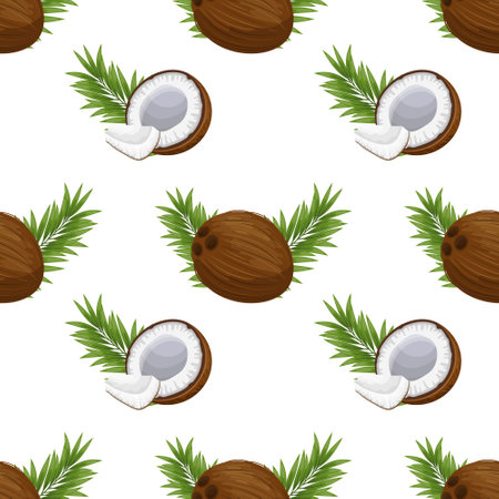 Seamless pattern, coconuts, twigs, coconut halves and pieces on a white background. Tropical background, print, textile, wallpaper, vectorのイラスト素材
