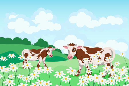 Cute spotted cows in a field of daisies, summer landscape. Poster, banner, illustration, vectorのイラスト素材