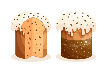 Easter cake set. Easter cakes with glaze, whole and cut. Easter icons, decor elements, vectorのイラスト素材