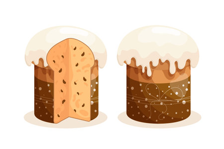 Easter cake set. Easter cakes with glaze, whole and cut. Easter icons, decor elements, vectorのイラスト素材