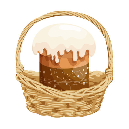Wicker basket with Easter cakes. Colorful easter illustration, greeting card, vectorのイラスト素材