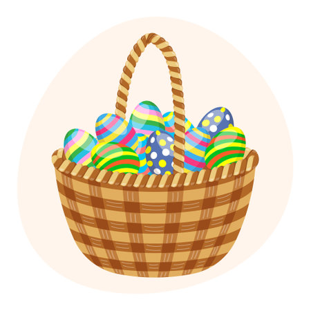 Wicker basket with Easter eggs. Colorful easter illustration, greeting card, vectorのイラスト素材