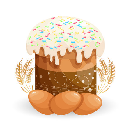 Easter cake with icing, wheat ears and Easter eggs. Colorful easter illustration, greeting card, vectorのイラスト素材