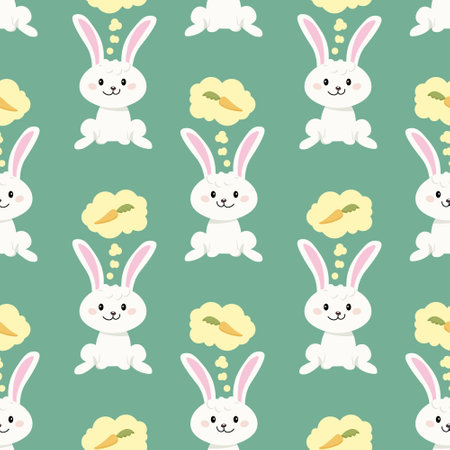 Seamless pattern, cute Easter bunnies with carrots on a green background. Children's print, background, textile, vectorのイラスト素材