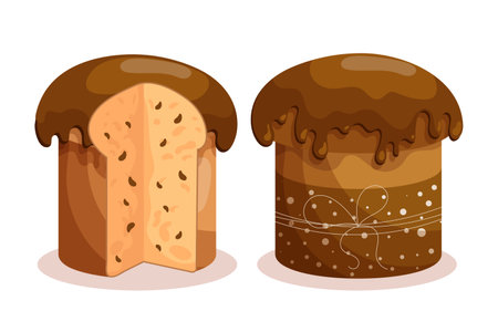 Easter cake set. Easter cakes with chocolate icing, whole and sliced. Easter icons, decor elements, vectorのイラスト素材
