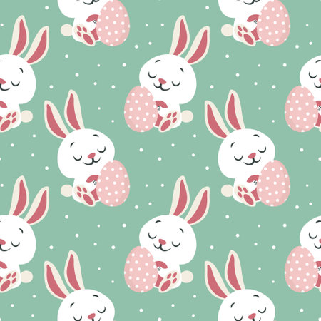 Seamless pattern, cute Easter bunnies with eggs on a polka dot background. Children's print, background, textile, vectorのイラスト素材