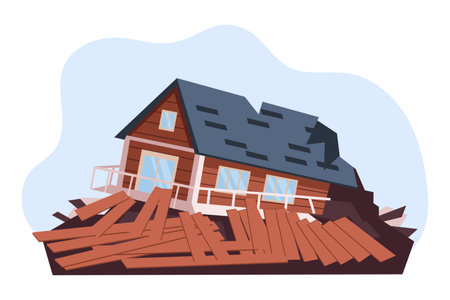 Destroyed house. Hurricane, tornado, earthquake. The concept of natural disasters. illustration, vectorのイラスト素材