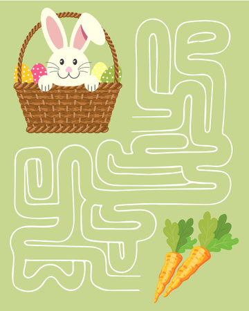 Maze game, rabbit in a basket of Easter eggs and carrots. Children's educational puzzle. illustration, vectorのイラスト素材