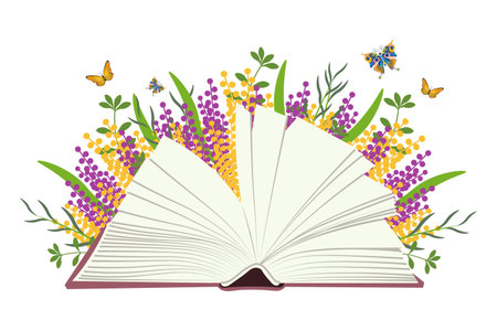An open book with blank pages on a white background with wildflowers and butterflies. Illustration, poster, banner, vectorのイラスト素材
