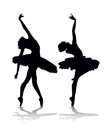 Black silhouettes of two ballerinas. Women ballerinas are dancing. illustration, vectorのイラスト素材